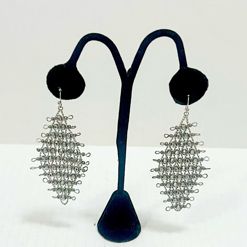 Faceted Glass Silver Tone Long Glam Cocktail Statement Dangle Earrings